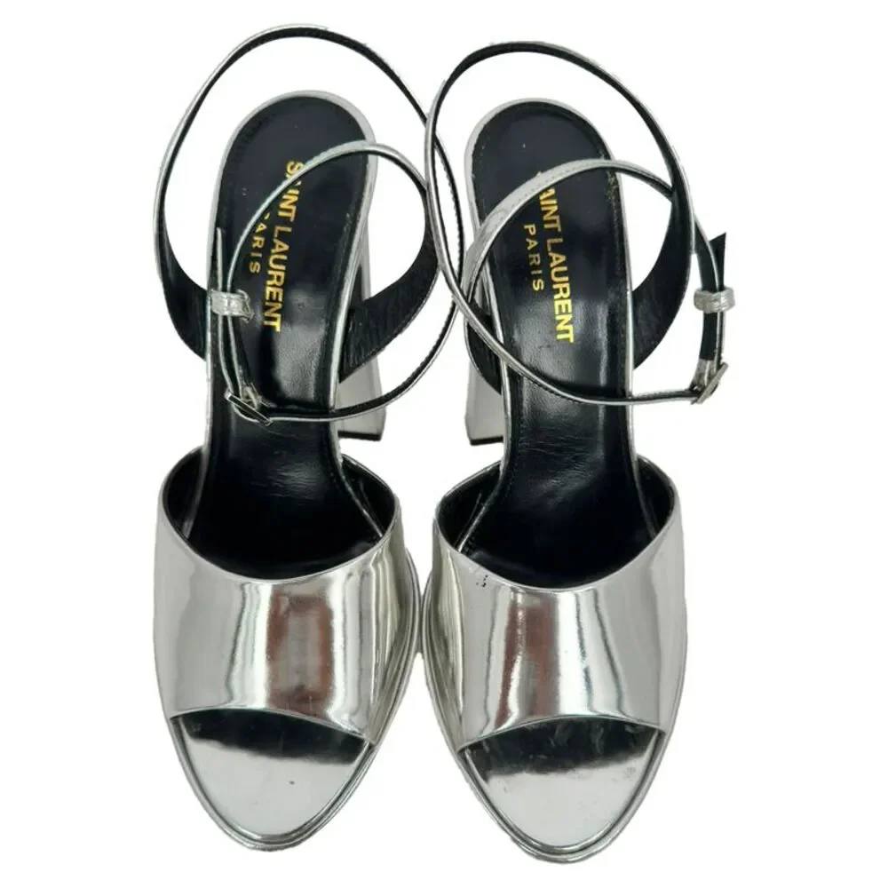 Saint Laurent Jodie Platform Sandals in Metallic Silver Patent Leather
